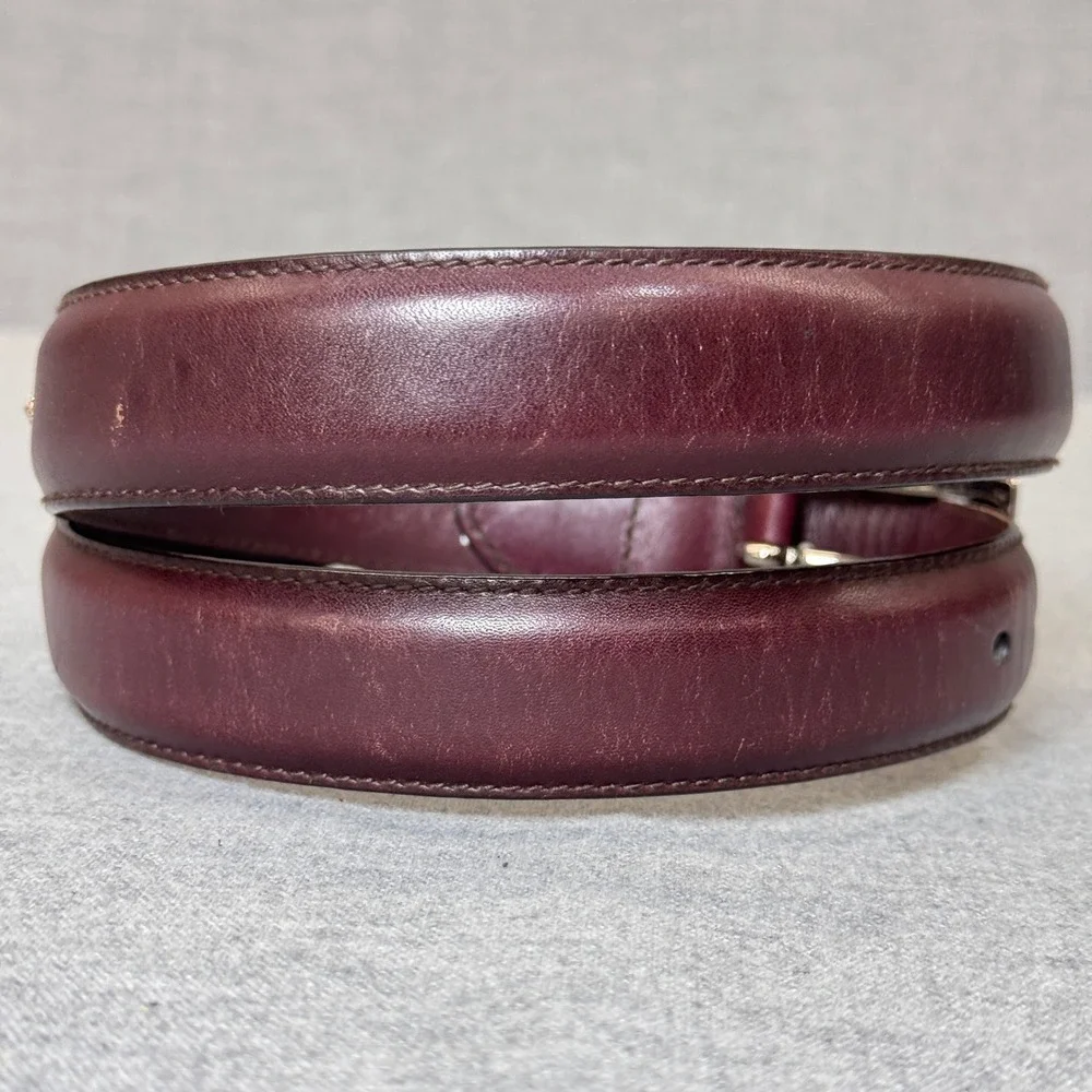 Polo Ralph Lauren Mens Burgundy Italian Leather Belt Size 36 Silver Logo Plaque